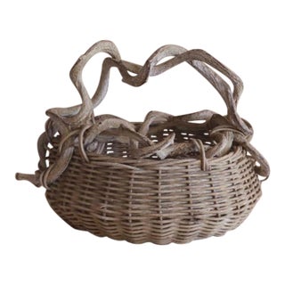 1970s Vintage Rustic Vine Handle Woven Basket For Sale