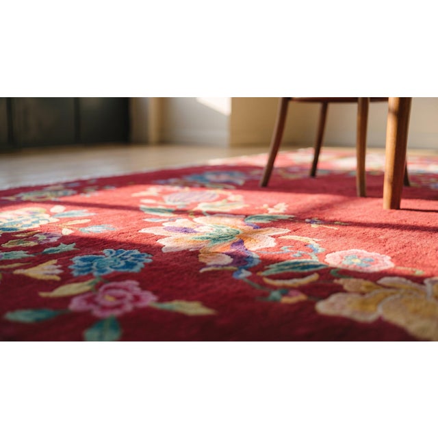 Red 1930s Red Floral Modern Antique Chinese Art Deco Rug 8' 9" X 11' 6" Handknotted Wool Carpet For Sale - Image 8 of 9