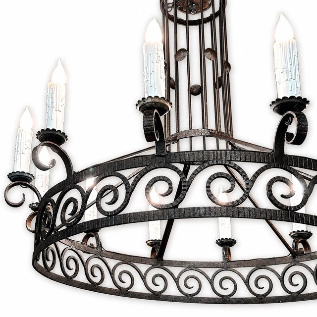 Large Art Deco Style Wrought Iron 12-Light Chandelier For Sale - Image 9 of 11