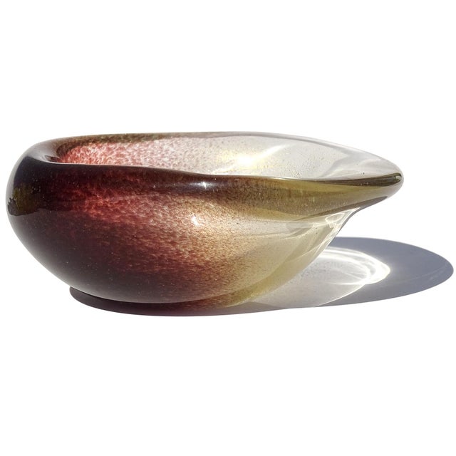 Vintage Murano Seguso Dark Amethyst Cinnamon Gold Flecks Italian Art Glass Conch Seashell Bowl For Sale In Orlando - Image 6 of 7
