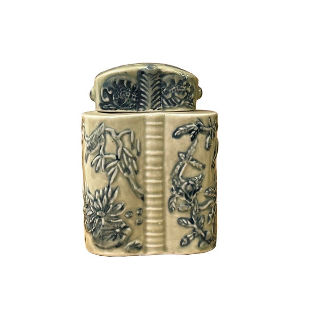 Cream Celadon Porcelain Blue Flower Graphic Cylindrical Container For Sale In San Francisco - Image 6 of 12