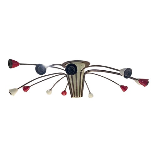 1960s Stilnovo Twelve Arm Red White Sputnik Chandelier Italy