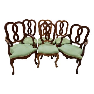 Antique Early 20th Century French Louis XV Walnut Dining Chairs With Green Fabric Seats - Set of 6 For Sale