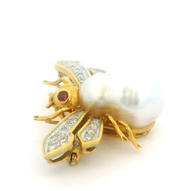 Italian 18k Gold Bee Brooch With Pearl, Diamonds & Rubies, 1970s For Sale - Image 11 of 15