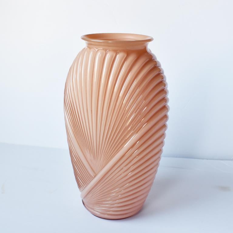 1980's Faceted Geometric Pink Art Deco Draped Glass Vase | Chairish