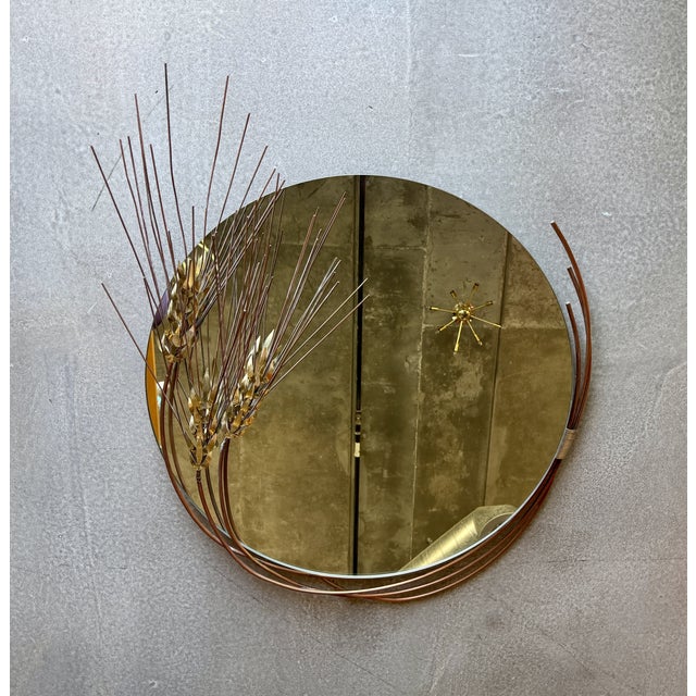 Vintage signed Curtis Jere metal wall sculpture mirror. Large scale round mirror with detailed wheat sheaf sculpture...