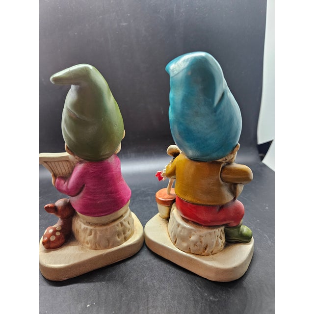 Vintage Set Of Two Homco Ceramic Garden Gnomes Musical Instruments Forest Friends