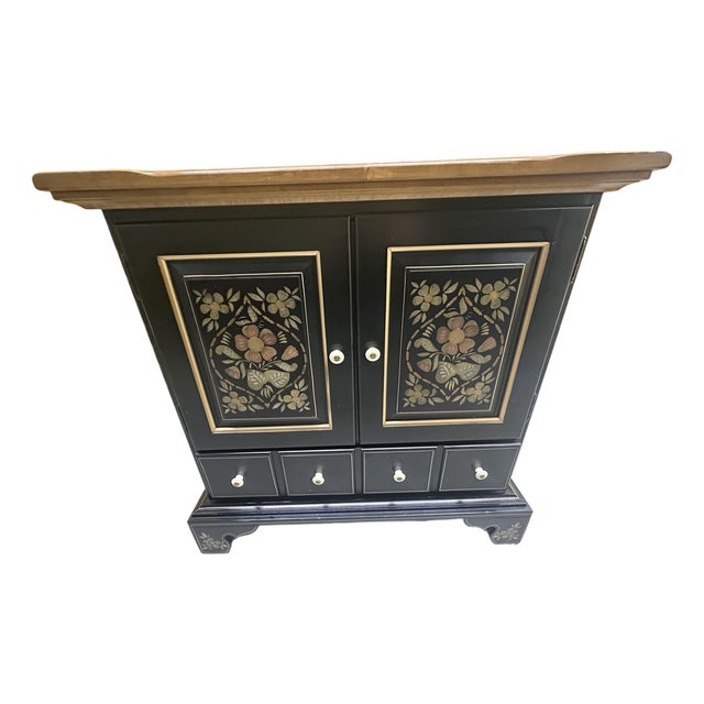Late 20th Century Ethan Allen Hand-Painted Black Cabinet With Floral Folk Art Panels For Sale