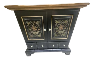 Late 20th Century Ethan Allen Hand-Painted Black Cabinet With Floral Folk Art Panels