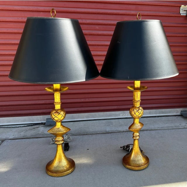 Vintage Alberto Giacometti Style Gilt Brass Table Lamps-A Pair For Sale - Image 11 of 11