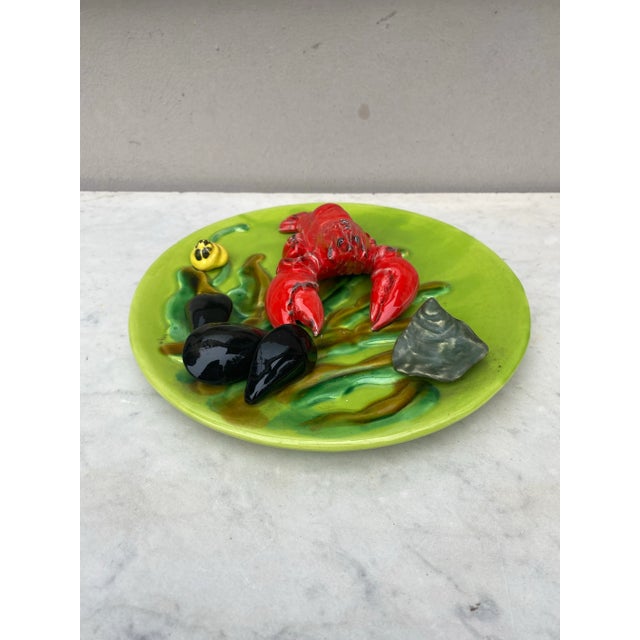 Mid-Century Majolica Palissy Lobster Platter Vallauris. Mussels.shells,seaweeds. Diameter / 9.8 nches.