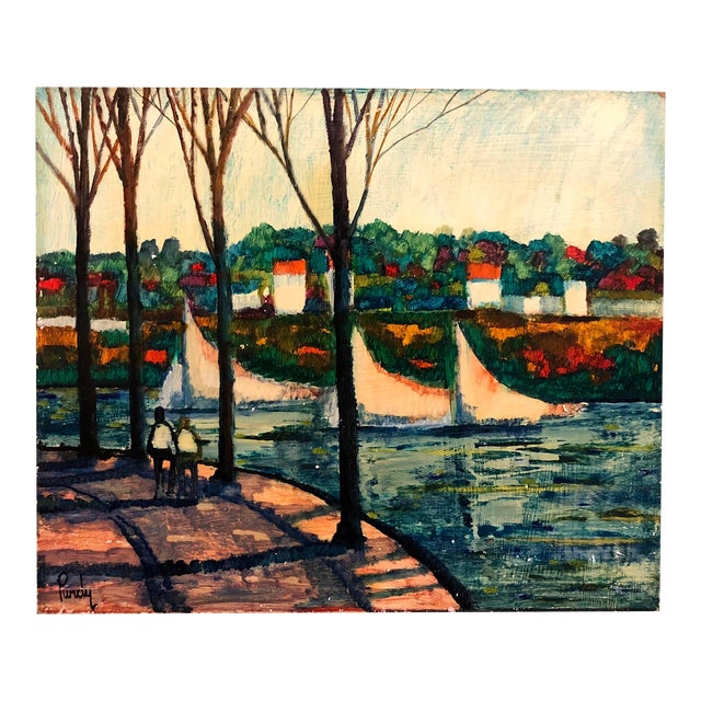 Donald Roy Pur, River Walk, American Modernist Oil Painting Landscape with River and Boats For Sale