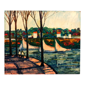Donald Roy Pur, River Walk, American Modernist Oil Painting Landscape with River and Boats