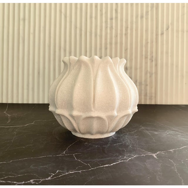 Hand-carved from solid Indian white marble, this sculptural 6 x 6 x 6 inch planter features a softly fluted, petal-...