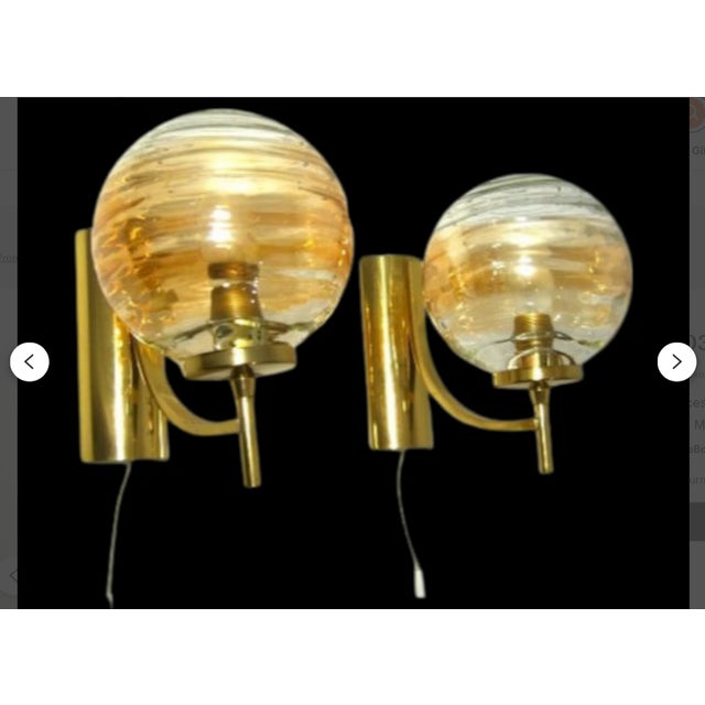 Gold Mid-Century Modern Art Deco Style Sconces in Brass and Murano Glass, 1980s, Set of 2 For Sale - Image 8 of 12
