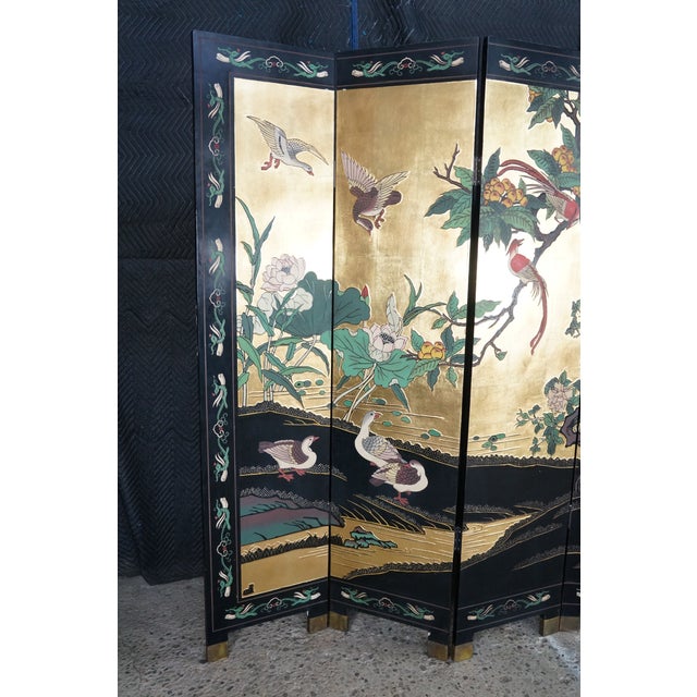 Chinese Export 8 Panel Coromandel Gold Leaf Lacquer Folding Screen Room Divider For Sale - Image 6 of 18