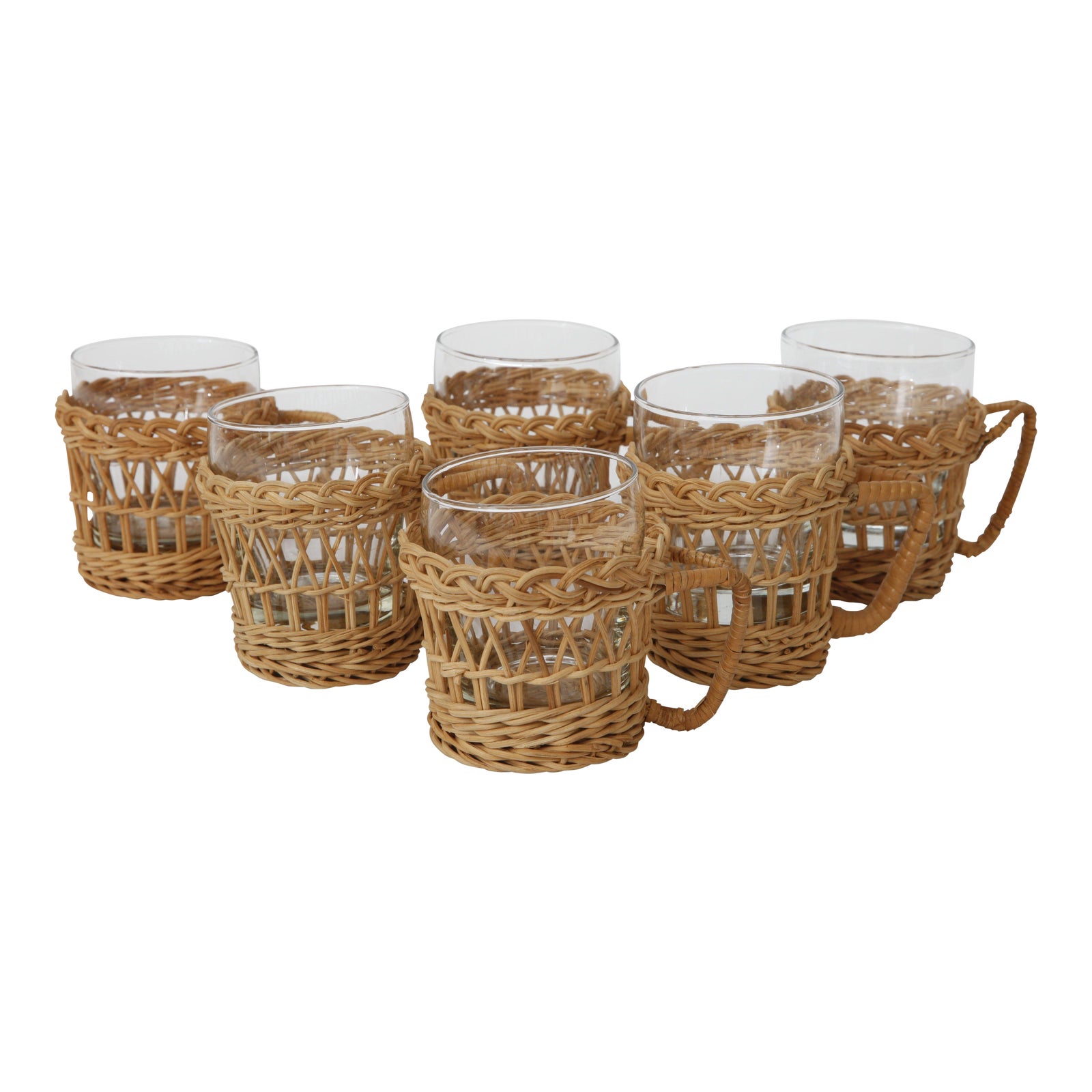 French Rattan Glasses With Rattan Holders Set of 6 Chairish