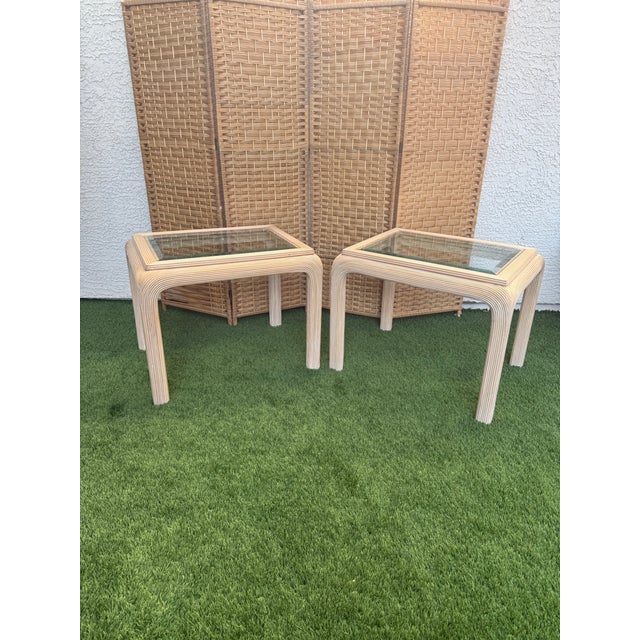Almond Vintage Palm Beach Style Rattan Waterfall End Tables For Sale - Image 8 of 9