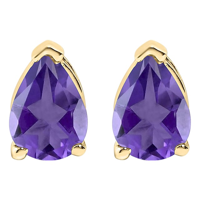 14K Yellow Gold 6x4MM Pear Shaped Purple Amethyst Solitaire Stud Earrings For Sale
