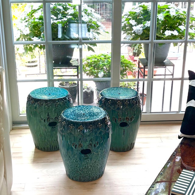Curated Designer Set of 3 Large Teal Drip-Glazed Chinese Ceramic Garden Stools With Raised Garland Motif For Sale - Image 9 of 12