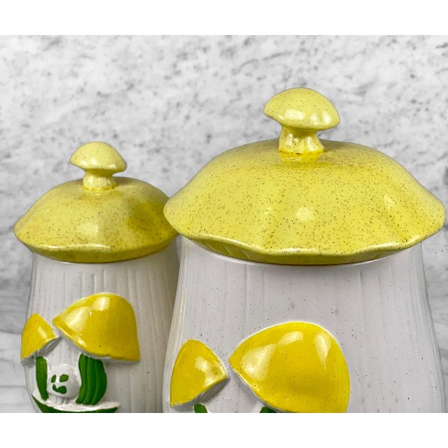 Mid 20th Century Mid-Century Porcelain Yellow Mushroom Kitchen Canisters - a Pair For Sale - Image 5 of 9