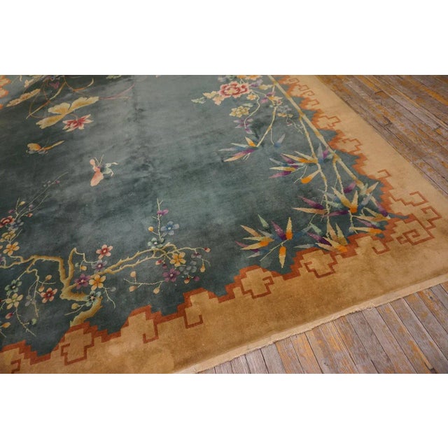 1920s Green Floral Modernist Chinese Art Deco Carpet 8'10" X 11'5" Knotted Wool Rug For Sale - Image 9 of 13
