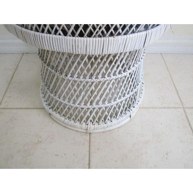 Wood Vintage Rattan White Wicker Palm Beach Regency Chair With Cotton Fabric Cushion For Sale - Image 7 of 8