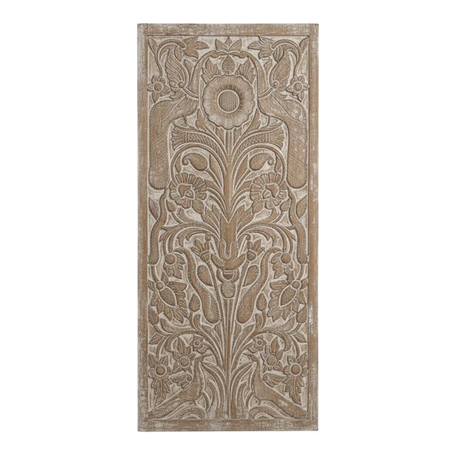 Vintage Carved Wood Tree of Life Door – Whitewash Sliding Wall Art Panel 80x36 For Sale