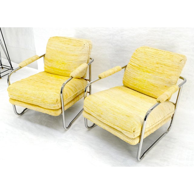 Pair Bent Tube Frame Mid Century Modern Lounge Chairs Baughman Cassina Style For Sale - Image 9 of 14