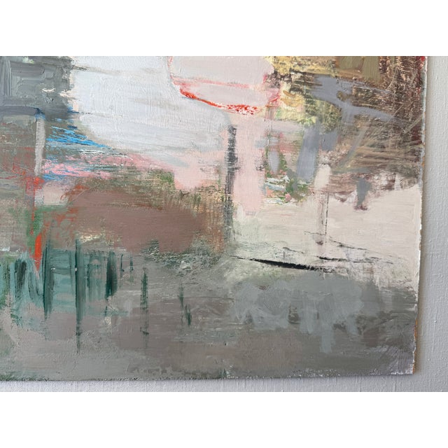 Cerulean 1980s Abstract Oil Painting of Train Passing Through the Marshes in Scarborough, Maine. Large, on Panel. For Sale - Image 8 of 11