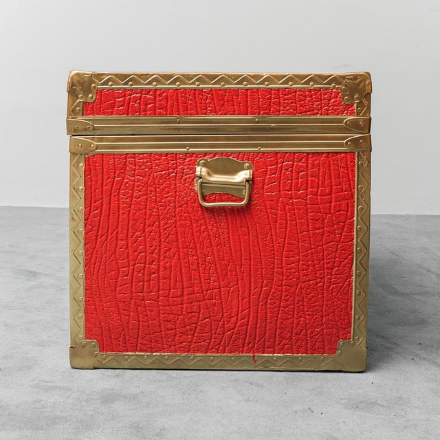 Gold-Plated Metal and Red Leather Trunk, 1950s For Sale - Image 4 of 12