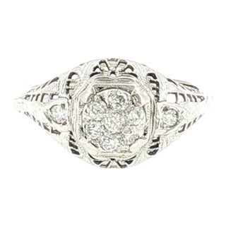 1930's 14k White Gold 9 Old Mine Cut Cluster Filigree Ring, Size 6.75 For Sale