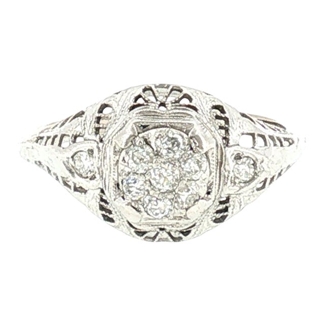 1930's 14k White Gold 9 Old Mine Cut Cluster Filigree Ring, Size 6.75 For Sale