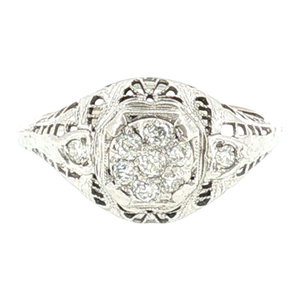 1930's 14k White Gold 9 Old Mine Cut Cluster Filigree Ring, Size 6.75