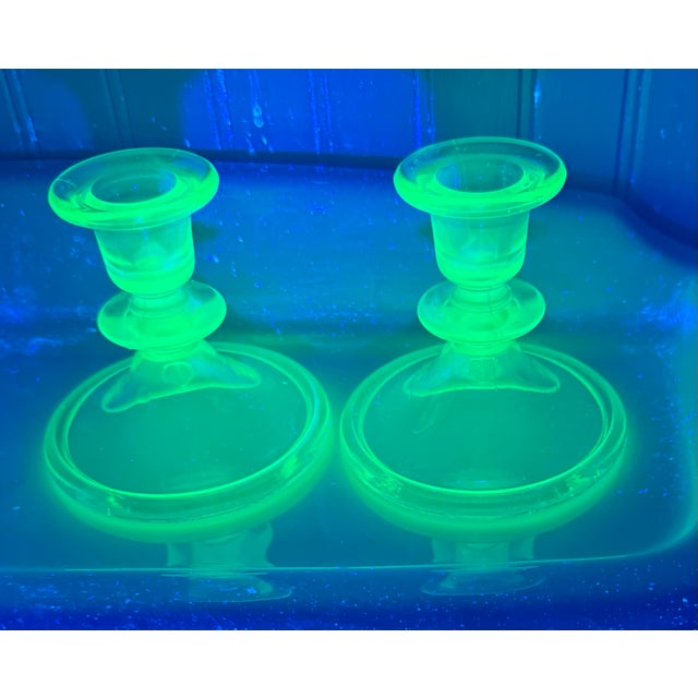 Vintage Green Uranium Glass Candlestick Holders Pair 1930s Depression Glass For Sale - Image 9 of 12