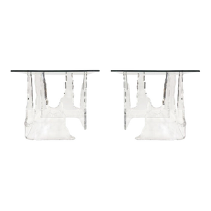 Vintage Lion in Frost-Attributed Thick Lucite Side Tables, Pair, Beveled Glass