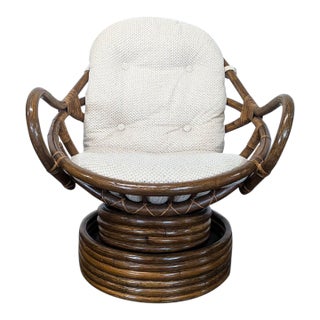 Vintage 1970’s Rattan Lounge Chair With Cushions For Sale