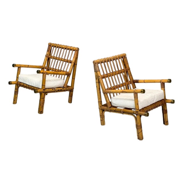 Vivai Del Sud Attributed, Indian Cane, Wicker, Brass, Lounge Chairs, Italy, 1970s - Set of 2 For Sale