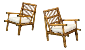 Vivai Del Sud Attributed, Indian Cane, Wicker, Brass, Lounge Chairs, Italy, 1970s - Set of 2