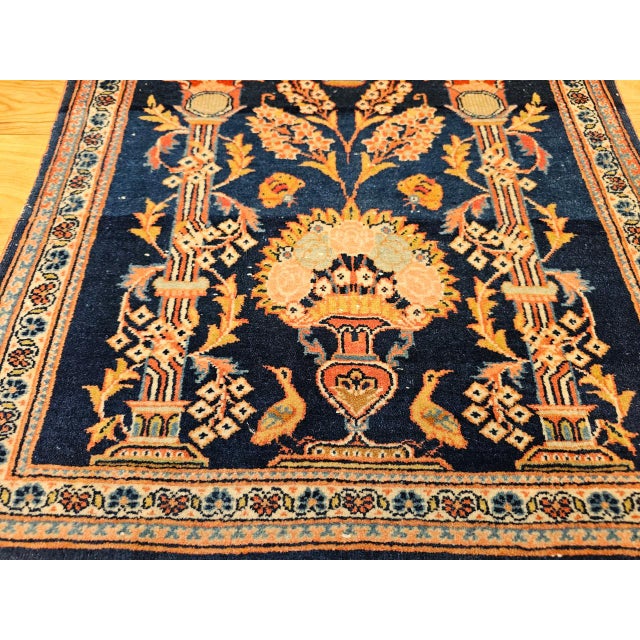 Navy Blue Vintage Persian Kashan Pictorial Rug, Hand-Knotted Wool, Floral Vase Pattern, Navy & Red, 2x2 For Sale - Image 8 of 15