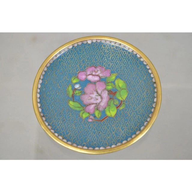 Chinoiserie Vintage Brass Enamel Blue & Gold Floral Cloisonne Small Trinket Dish Set - Pair For Sale - Image 3 of 8