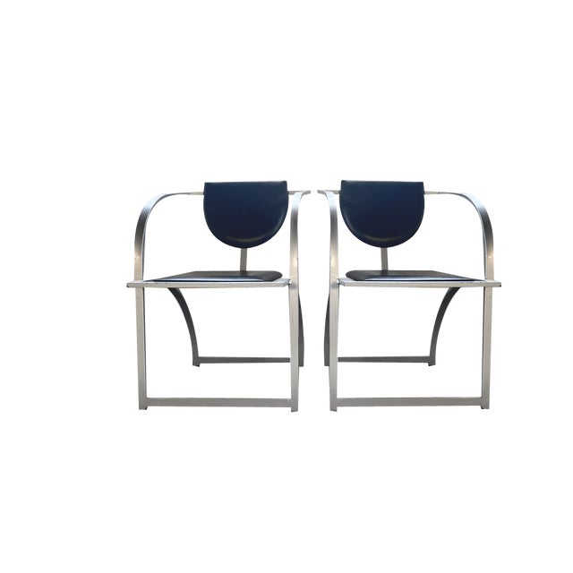 Set of Cosinus Armchair Chairs in Raw Steel & Black Leather attributed to Karl Friedrich Förster for Kff, 1980s For Sale