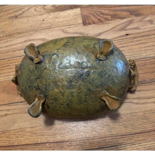 Brass Mid Century Brass Oval Jardiniere Lion Head Ram Horn Handles Paw Feet Hammered Bowl For Sale - Image 8 of 12