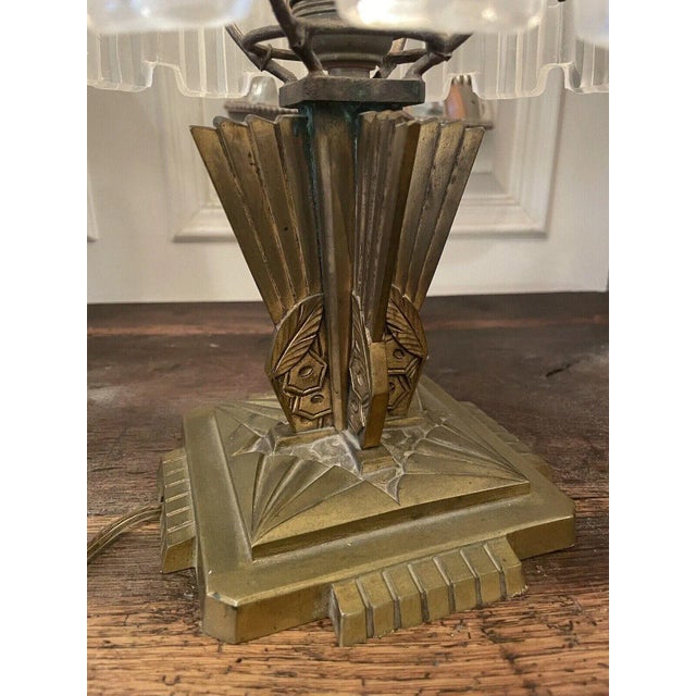 Antique Art Deco Sabino Paris Bronze and Frosted Crystal 3 Light Waterfall Lamp For Sale - Image 11 of 13