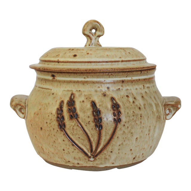 Vintage Lidded Pottery Colander For Sale