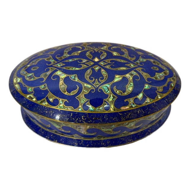 Handmade Lapis & Mother of Pearl Jewelry Box - Oval Trinket Box From Egypt For Sale