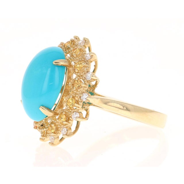 5.40 Carat Turquoise Diamond Yellow Gold Cocktail Ring, Size 7 For Sale - Image 4 of 5
