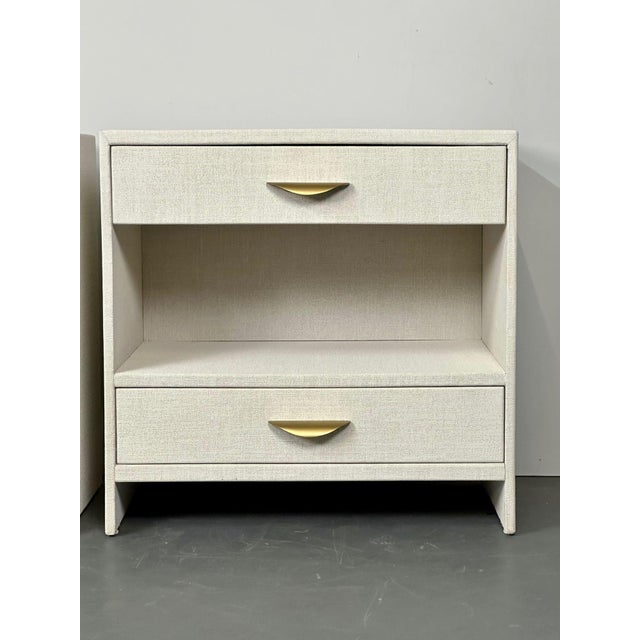 Pair Custom Linen Wrapped Open Commodes, Chests, Nightstands, White, American For Sale - Image 15 of 18