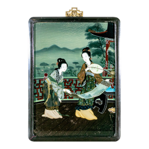 Chinese Reverse Painted Glass of Court Ladies With Scroll, Framed, Circa 1950–1965