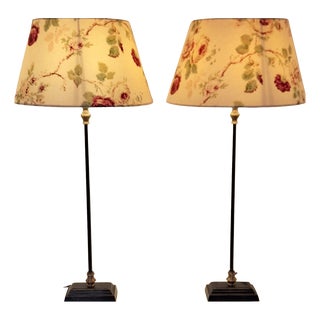 Vintage Table Lamps with Black Metal Base and Beige Patterned Fabric Shade, 2000s, Set of 2 For Sale